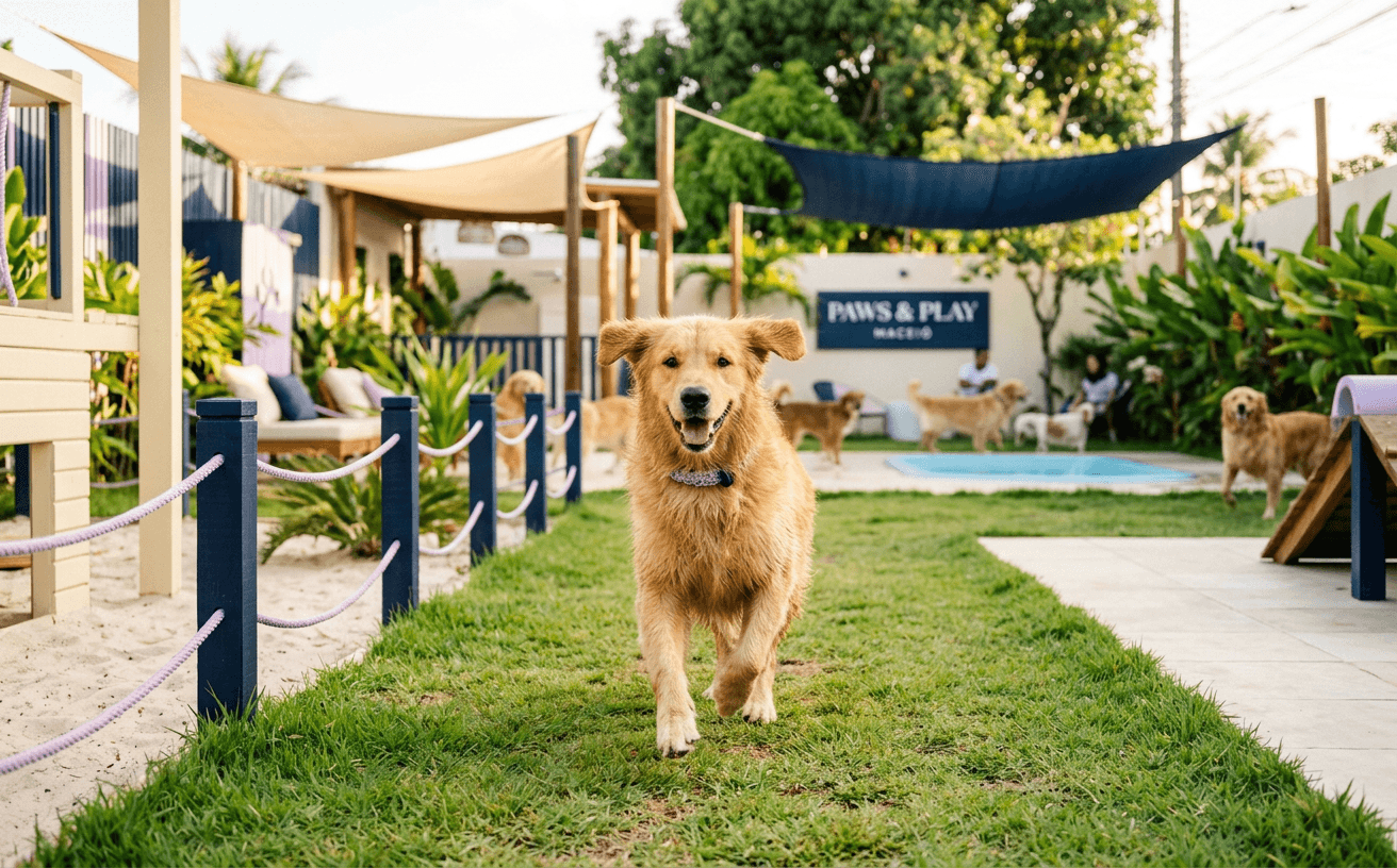 Golden retriever feliz correndo na área externa da SocializaCão
